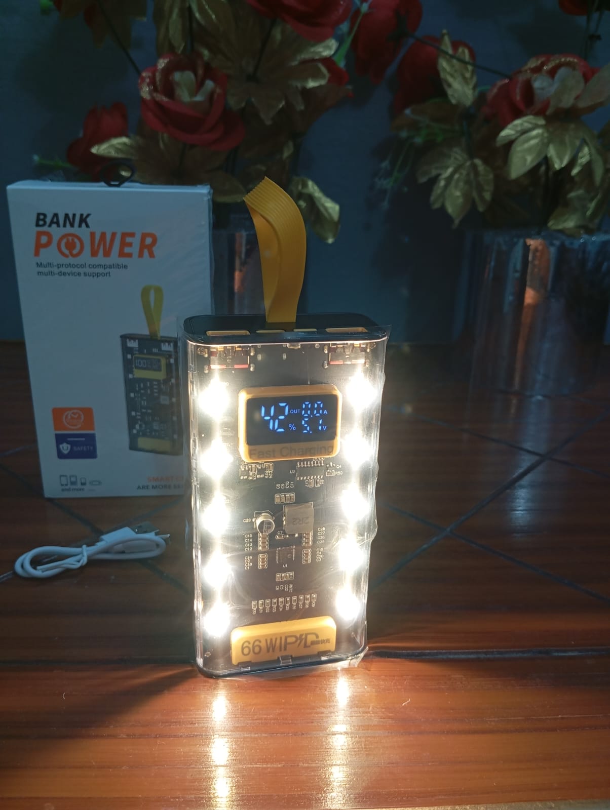 Transparent Power Bank 20000 mAh With Emergency Lights Digital Display Black Colour Fast Charging Portable Charger